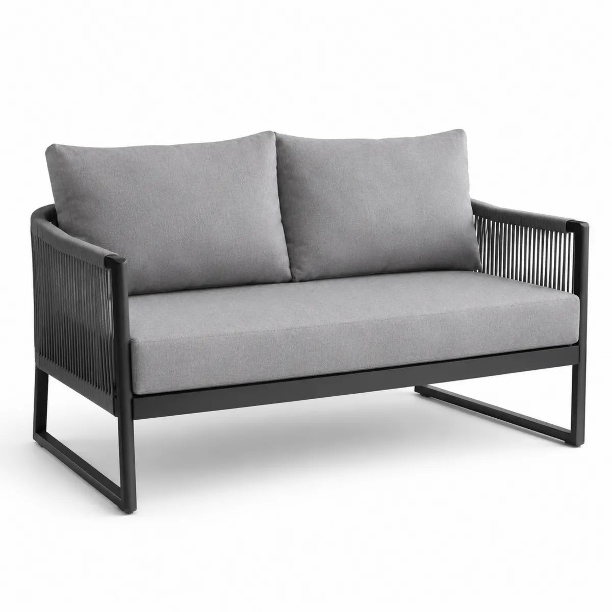 Szara sofa dwuosobowa z poliestrem i ramą aluminiową