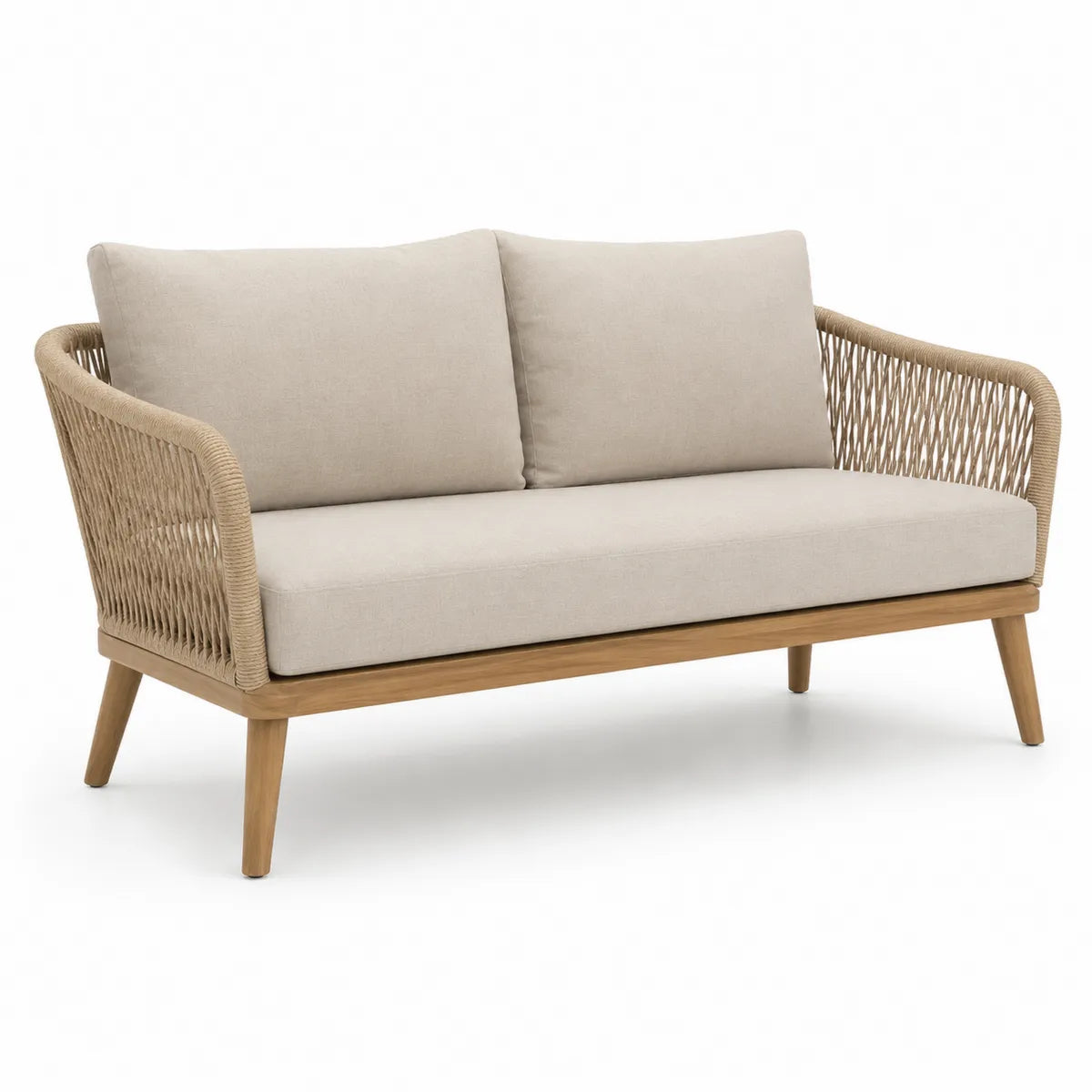 Dwuosobowa sofa ogrodowa beżowa tkanina/drewno/liny
