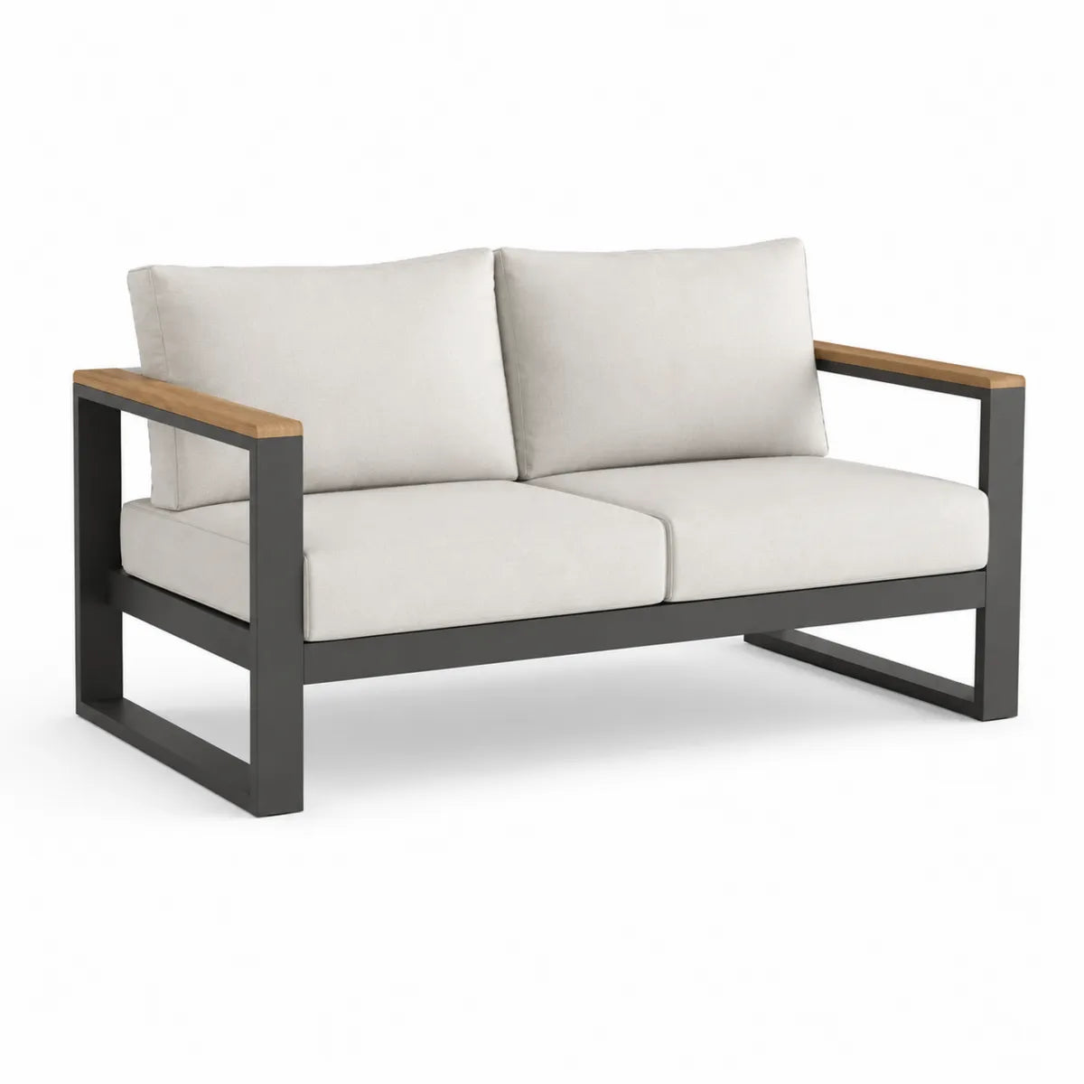 Dwuosobowa sofa aluminiowa z poduszkami poliestrowymi i podłokietnikami z drewna teakowego