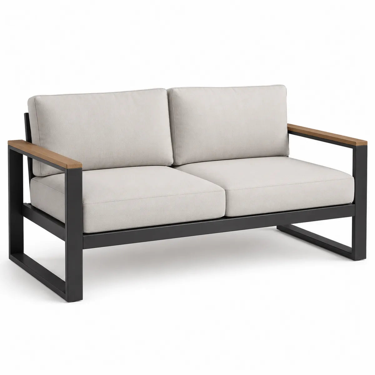 Sofa metalowa dwuosobowa z szarymi poduszkami
