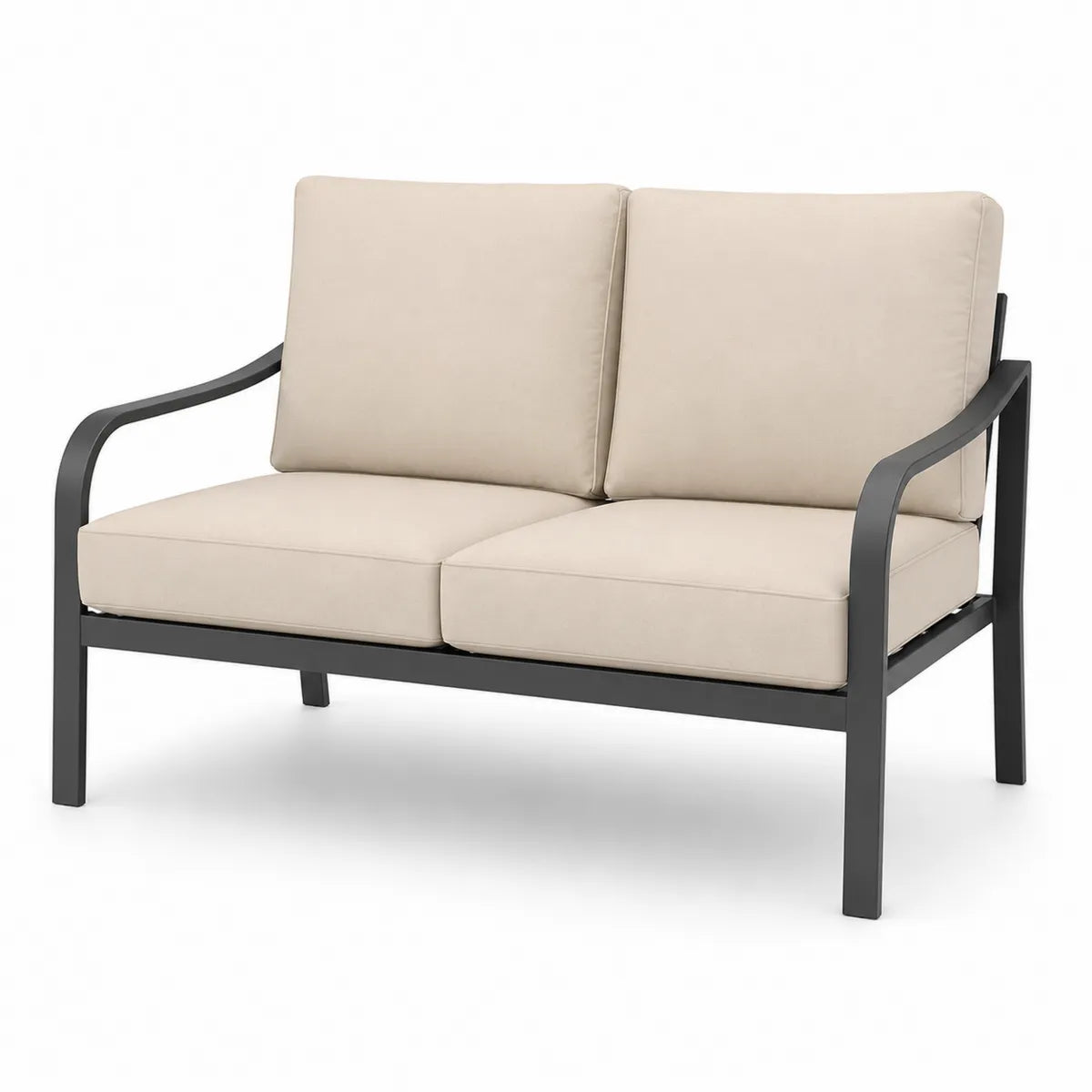 Dwuosobowa sofa ogrodowa z beżową tkaniną i stalową ramą