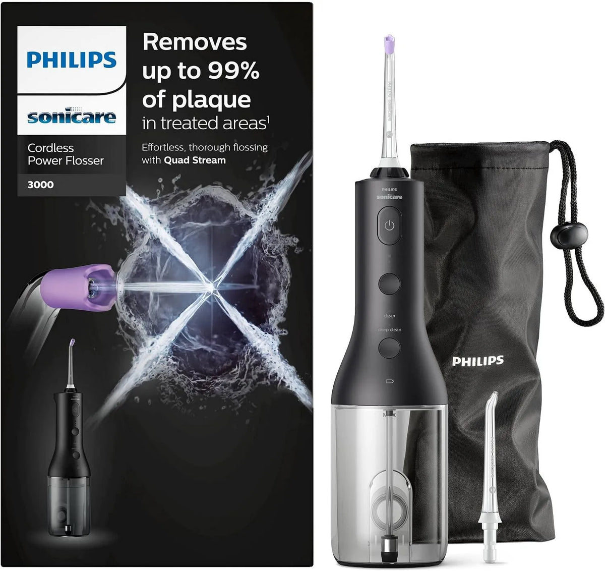 PHILIPS, HX3806 / 33- 2022 Sonicare, wersja, moc Flosser 3000 bezprzewodowa pompa zasilająca z technologią Quad Stream i fale pulsacyjne, czarny HX3806/33-2022