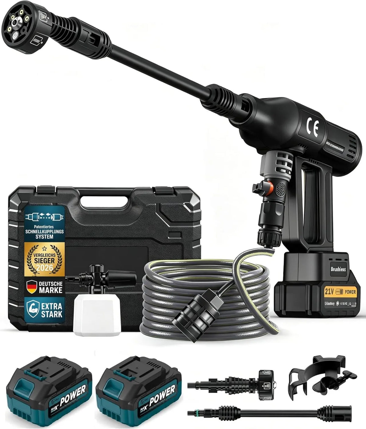 Purova, Wysokie ciśnienie czyszczące 4.0Ah 6- in-1, 1500 W, wyświetlacz LCD, czarny, silnik bez miotły 1500 W, Buse & Pipe 5m, 600 l / h, 2X Baterie 6-en-1