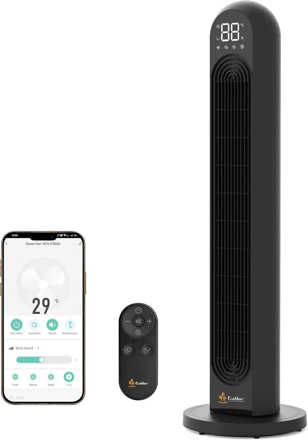 EcoNour, Google wentylator, 42 cali, minutnik, Wi-Fi, asystent Google, Alexa i Siri, czarny, Zdalne sterowanie i LED ekran, 12 prędkości, 4 Mody