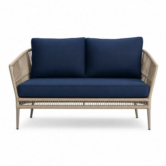 Sofa dwuosobowa z metalowym stelażem i technorattanem, granatowa