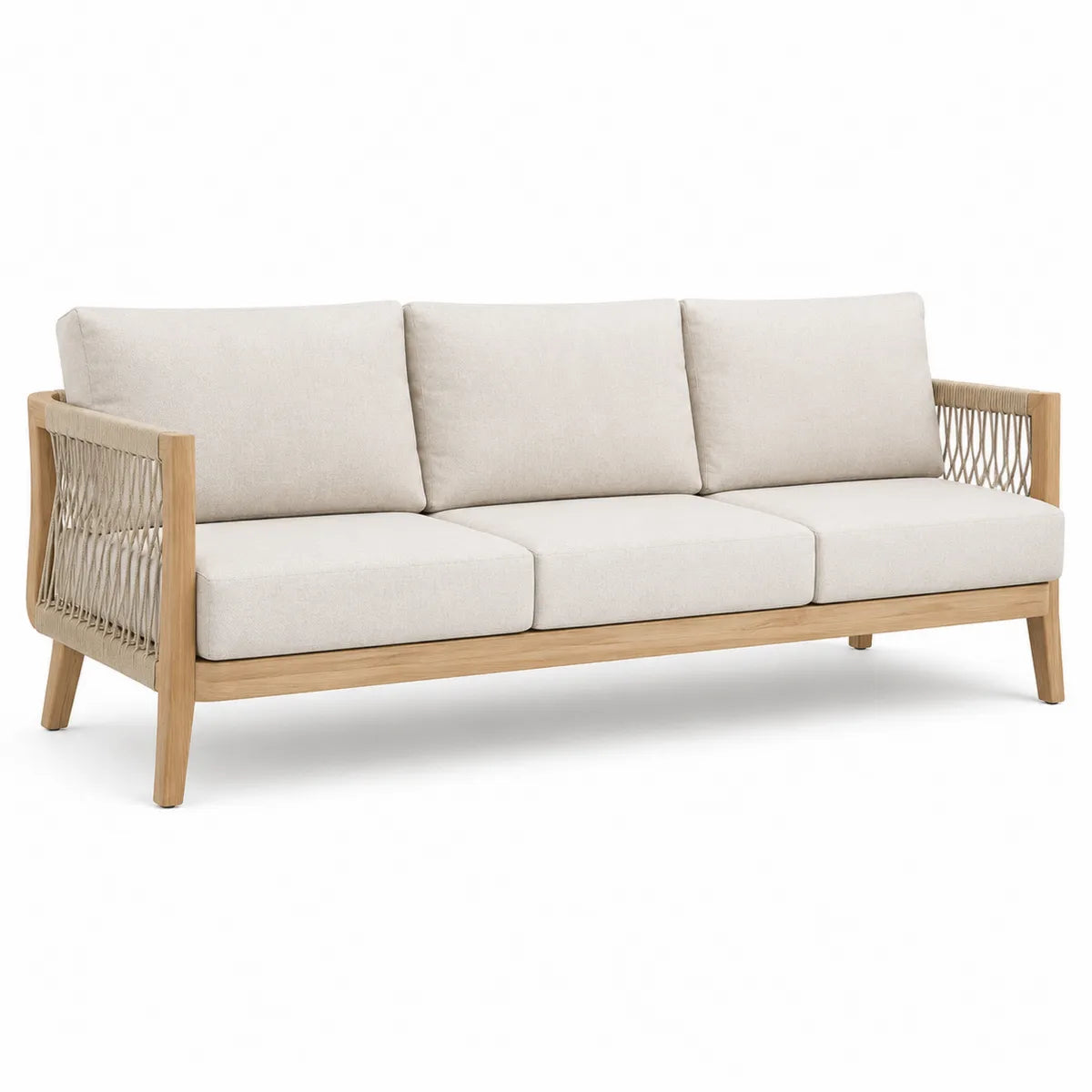 Sofa z drewna tekowego i liny syntetycznej beżowa