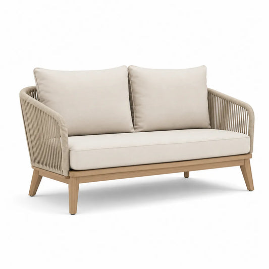 Dwuosobowa sofa z drewna akacjowego i polipropylenu, 150 cm, beżowa