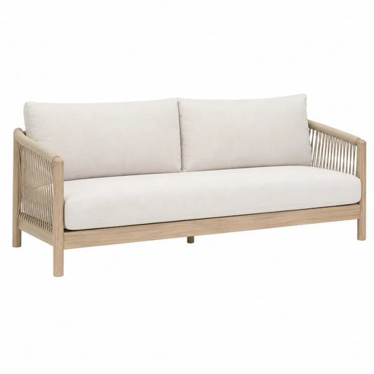 Drewniana sofa z beżowymi poduszkami 200x80x70 cm