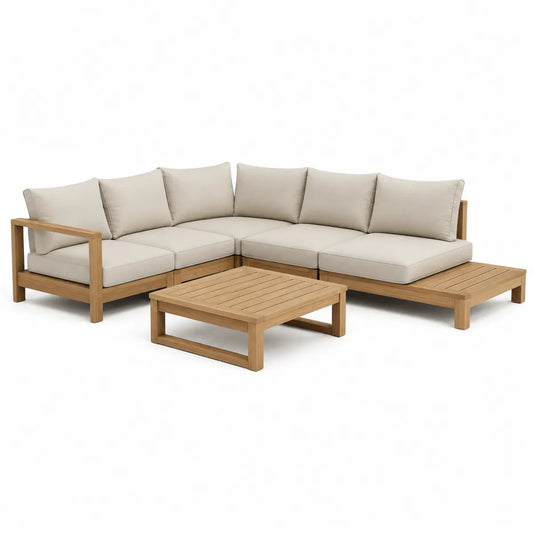 Narożna sofa z drewna tekowego z beżowymi poduszkami 250 cm