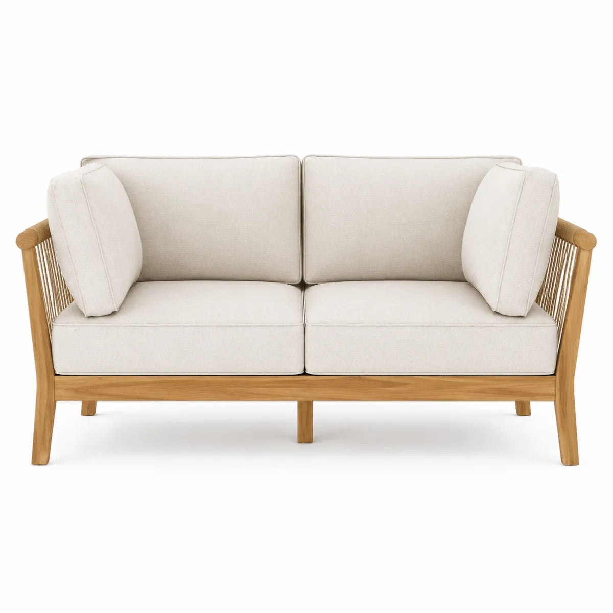 Dwuosobowa sofa ogrodowa drewno tekowe beżowy poliester