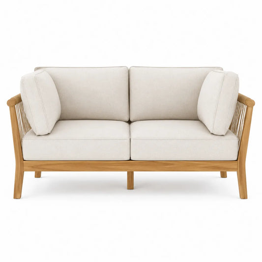Dwuosobowa sofa ogrodowa drewno tekowe beżowy poliester