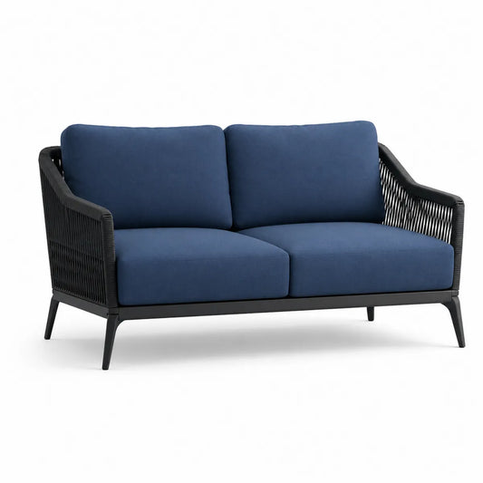 Sofa ogrodowa podwójna metalowa z poliestrowymi poduszkami granatowa 160 cm