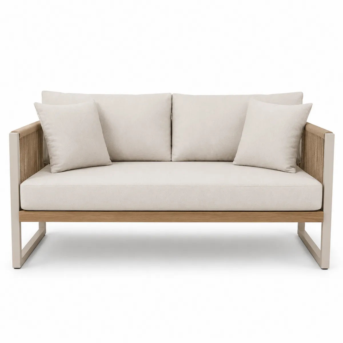 Drewniana sofa ogrodowa 3-osobowa kremowa z poduszkami z poliestru
