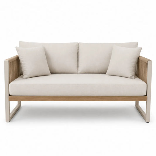 Drewniana sofa ogrodowa 3-osobowa kremowa z poduszkami z poliestru