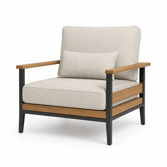 Fotel aluminiowy beżowy z elementami drewna teak
