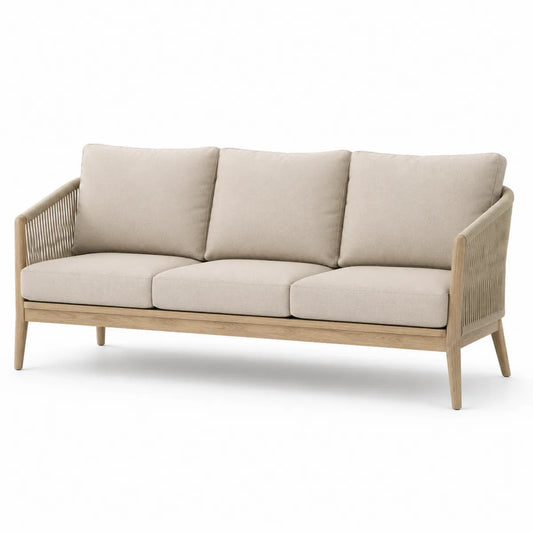 Sofa trzyosobowa z drewna teak i poliestru beżowa