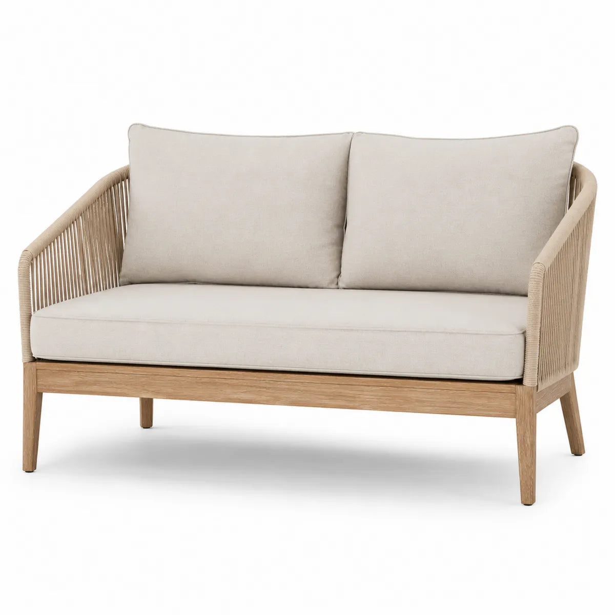 Dwuosobowa sofa ogrodowa z drewna i poliestrem, beżowa, 140x70x80 cm