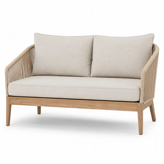 Dwuosobowa sofa ogrodowa z drewna i poliestrem, beżowa, 140x70x80 cm