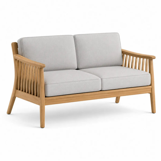 Dwuosobowa sofa z drewna tekowego i szarej tkaniny
