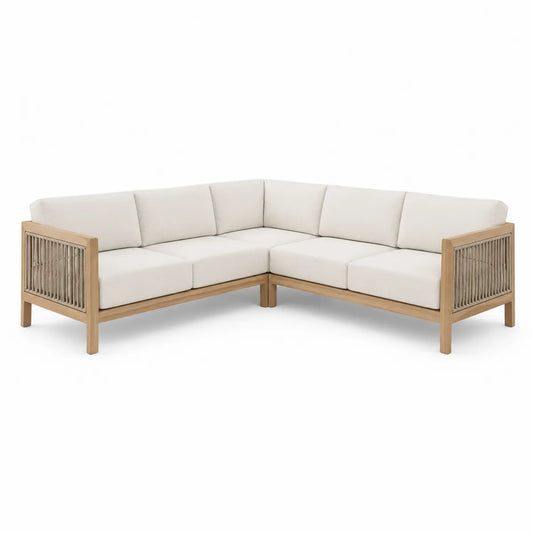 Narożna sofa ogrodowa z teaku z beżowymi poduszkami