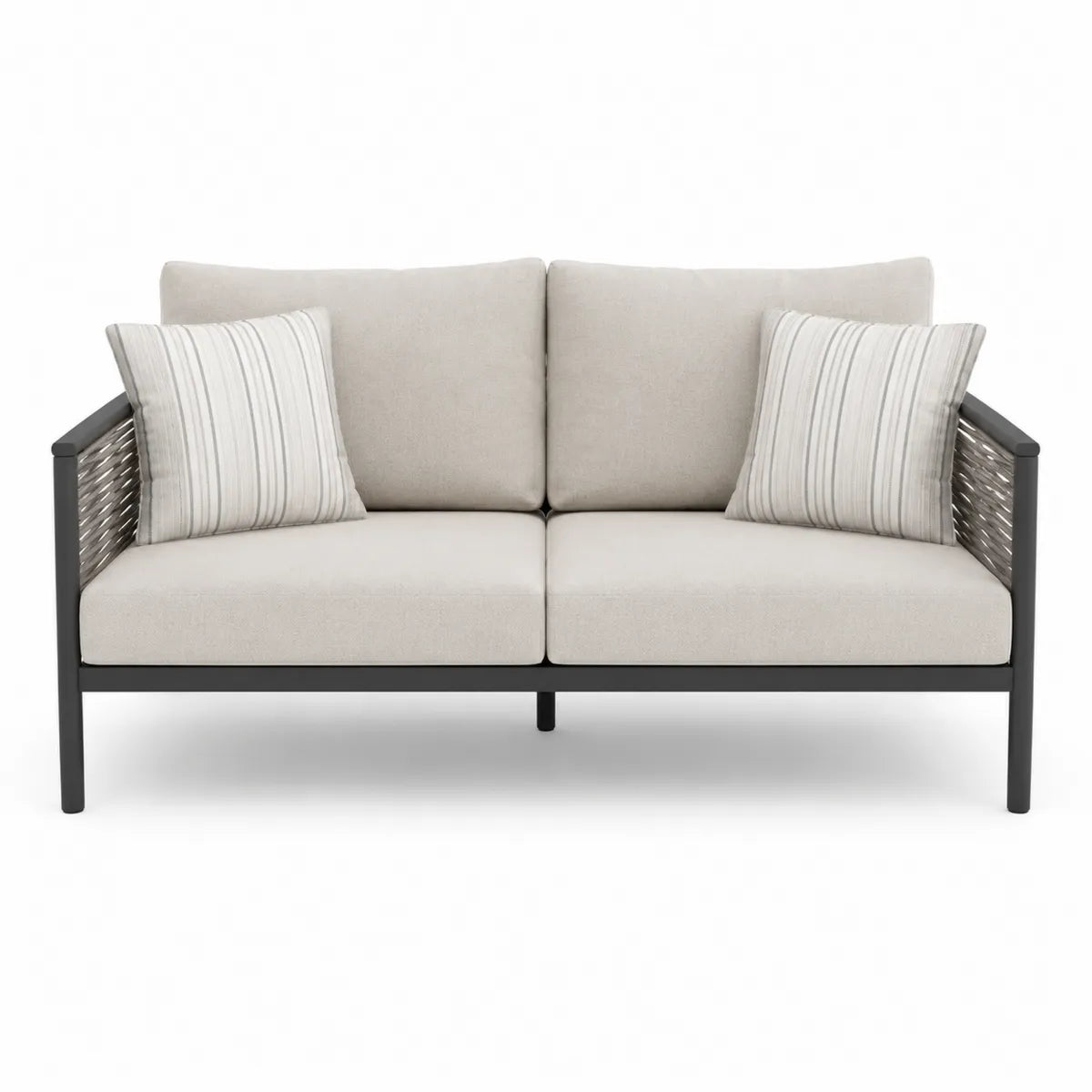 Dwuosobowa sofa zewnętrzna beżowa z metalowym stelażem