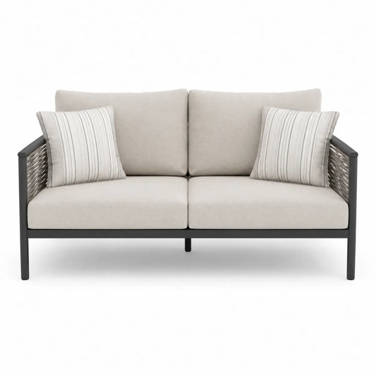 Dwuosobowa sofa zewnętrzna beżowa z metalowym stelażem