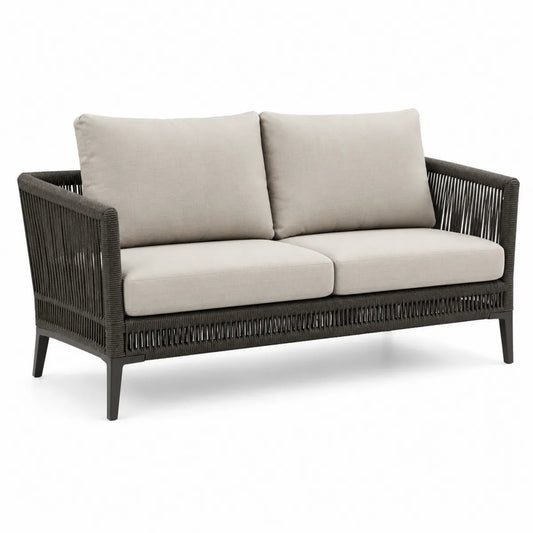 Sofa ogrodowa 3-osobowa z aluminium i tkaniną olefinową, brązowa z beżowymi poduszkami