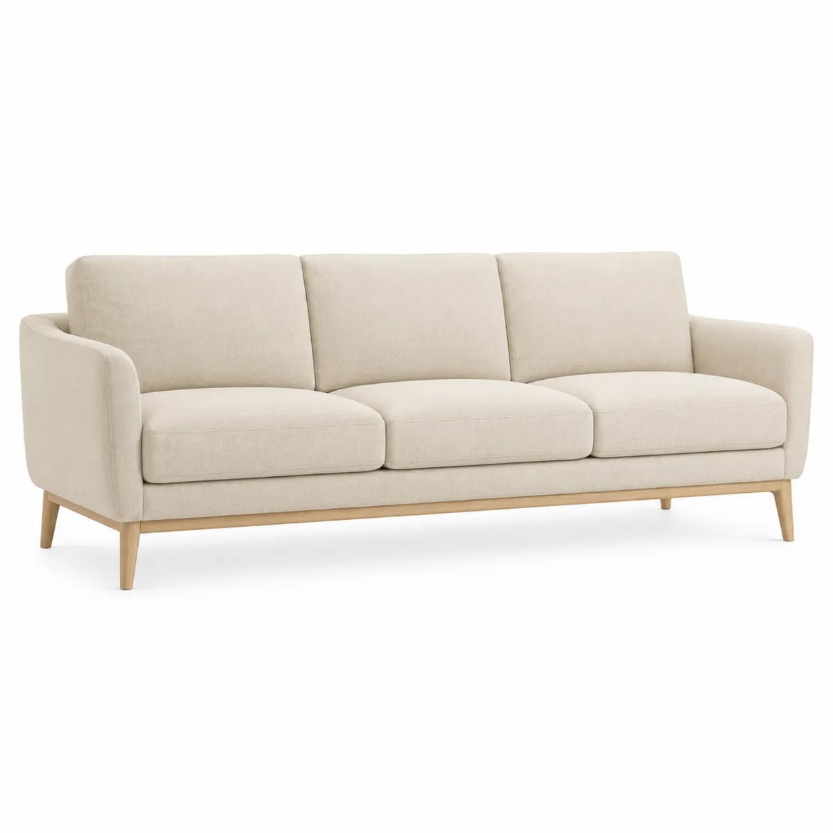 Beżowa sofa trzyosobowa z tkaniny lnianej na drewnianej ramie 210 cm