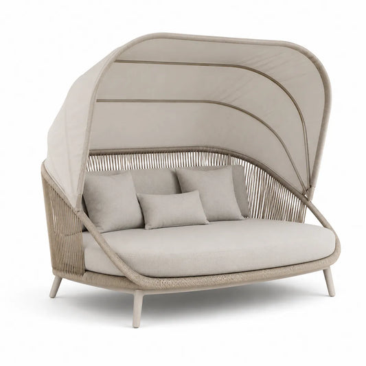 Sofa ogrodowa z baldachimem, beżowa, technorattan