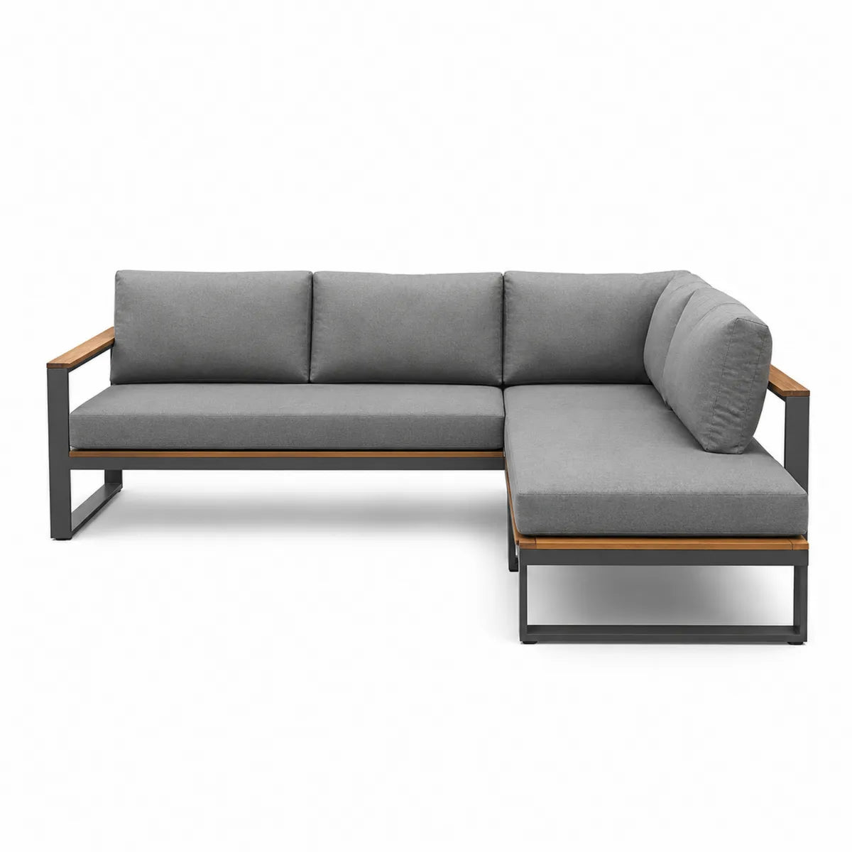 Narożna sofa ogrodowa aluminiowa z drewnianymi elementami i szarą tkaniną