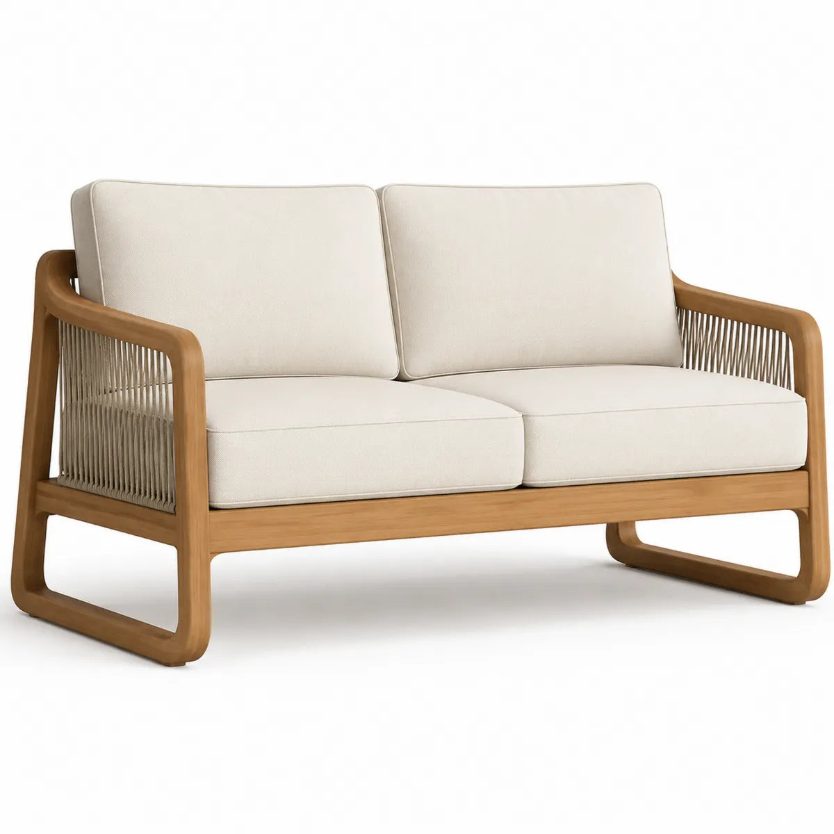 Dwuosobowa sofa z drewna tekowego i beżowych lin