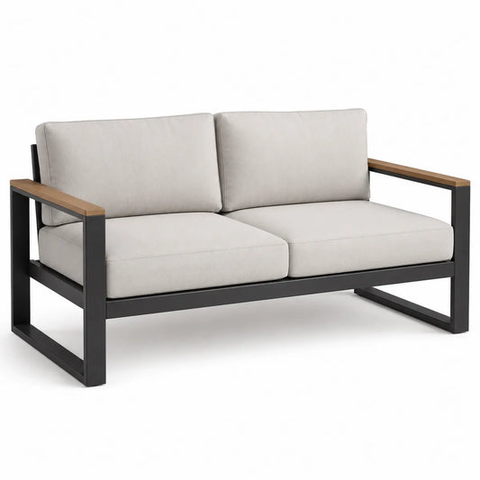 Sofa metalowa dwuosobowa z szarymi poduszkami
