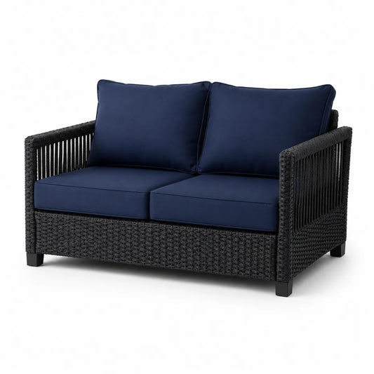 Sofa ogrodowa 2-osobowa z tkaniny technorattanowej granatowa