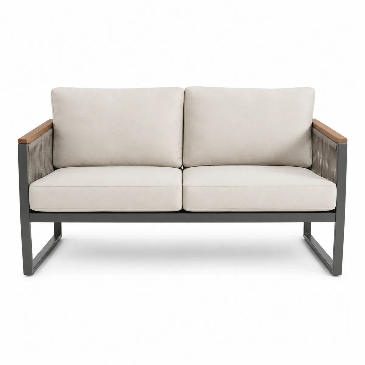 Dwuosobowa sofa stalowa z beżowymi poduszkami