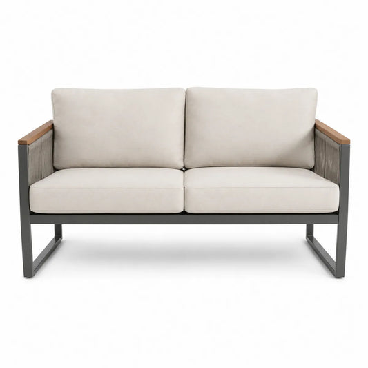 Dwuosobowa sofa stalowa z beżowymi poduszkami