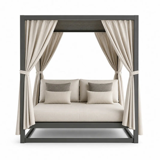 Leżanka z aluminium z zasłonami beżowymi 200 cm