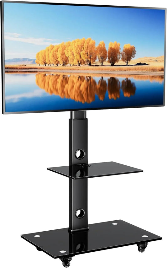 BONTEC, Szafka TV, 70 cali, 600x400 mm, koła ruchome, 2 poziomów ze szkła Trempe, 40 kg obciążenia, 6 ustawień wysokości, Stojak TV na piechotę
