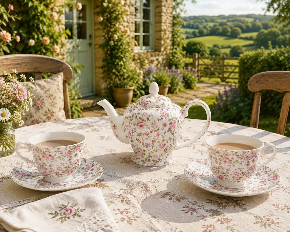 Rainbow Decors, Różowe i fioletowe kwiaty, Royal Chelsea Tea service w porcelanie angielski dla 2 osób, 1 czajnik, 2 kubki i 2 ręcznie urządzone spodki