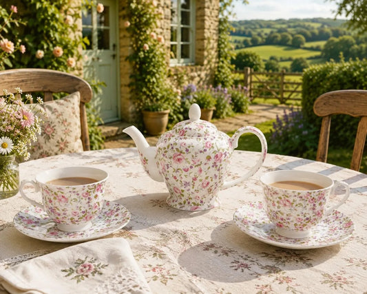 Rainbow Decors, Różowe i fioletowe kwiaty, Royal Chelsea Tea service w porcelanie angielski dla 2 osób, 1 czajnik, 2 kubki i 2 ręcznie urządzone spodki