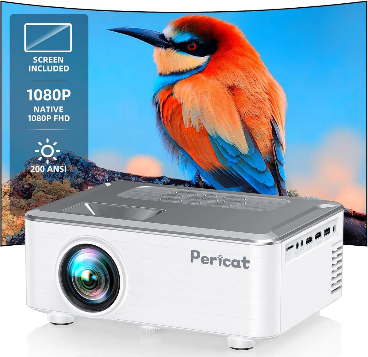 pericat projektor, Smart TV 1080P, 100 cali, TV, WiFi, do użytku na zewnątrz, Bluetooth, kompatybilny ze smartfonem, filmowy 200 ANSI 1080P HD z