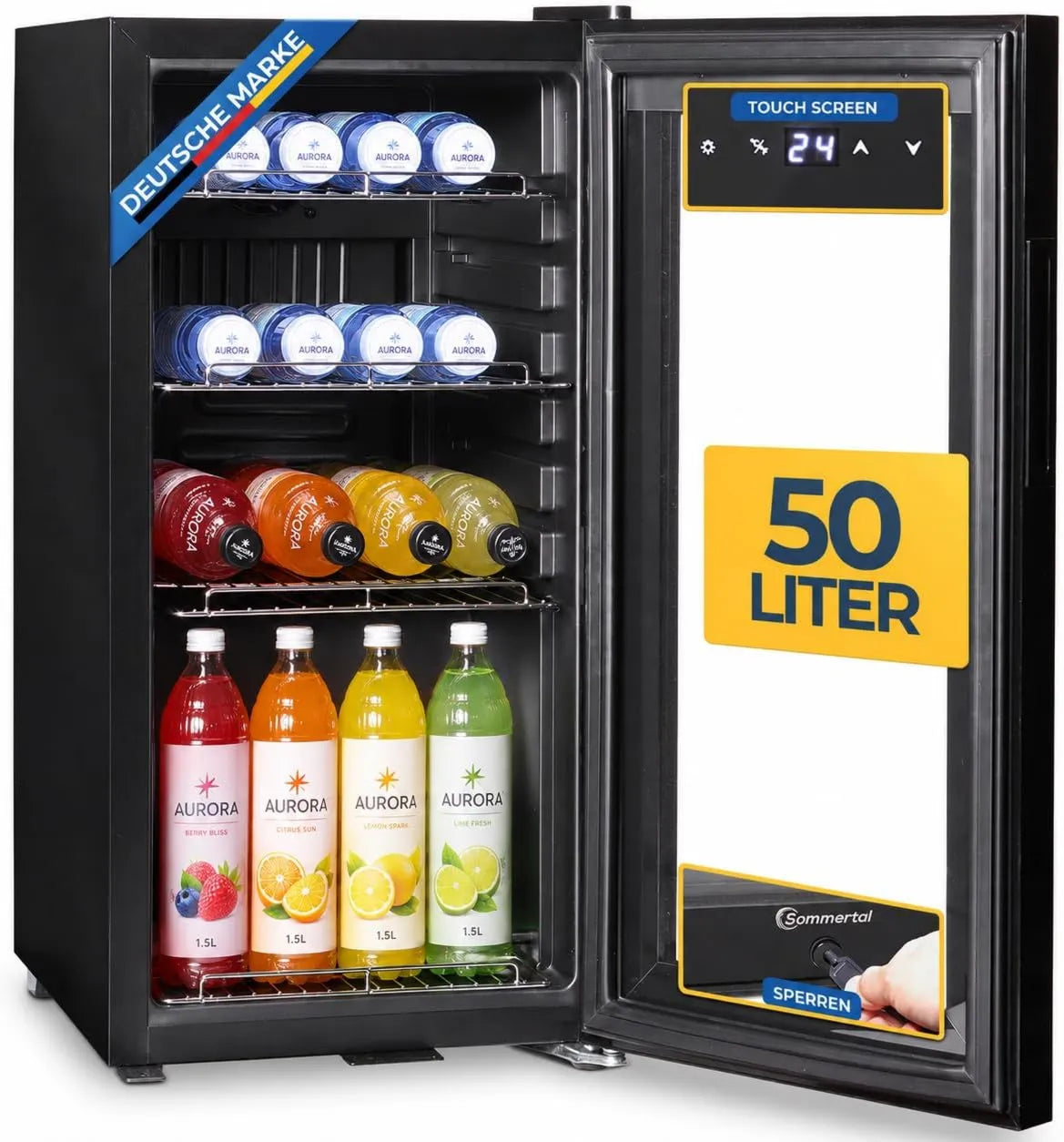 Sommertal minilodówka, Lodówka GK50, 50 l, dotyk, tłumik, czarna, mała butelka lodówka
