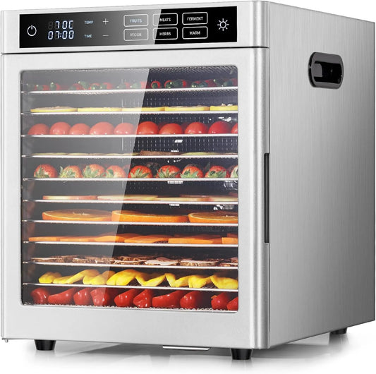 Kwasyo suszarka do żywności, Dywany, dehydrater żywności, 800 W, 6 programów, stal nierdzewna, 12 Płyty, do rolek owocowych