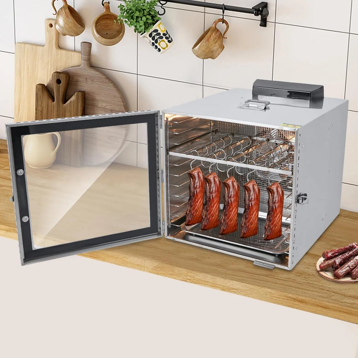 RUETERY suszarka do żywności, Zmywarka, 1000 W, 30 do 90°C, licznik, stal nierdzewna, panel smart LED, z 20 hakami, całodobowa funkcja zegara, Odwodnienie