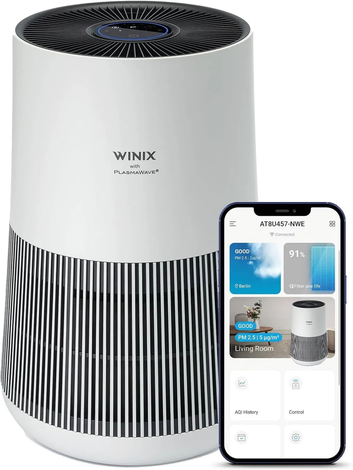 Winix oczyszczacz powietrza, Oczyszczarka powietrza, 250 m3 / h, WINIC HEPA 99 T500, Wi-Fi, App, Eliminowe alergie Pollen PM2, Kontrola aplikacji, 97%, 5 Dym