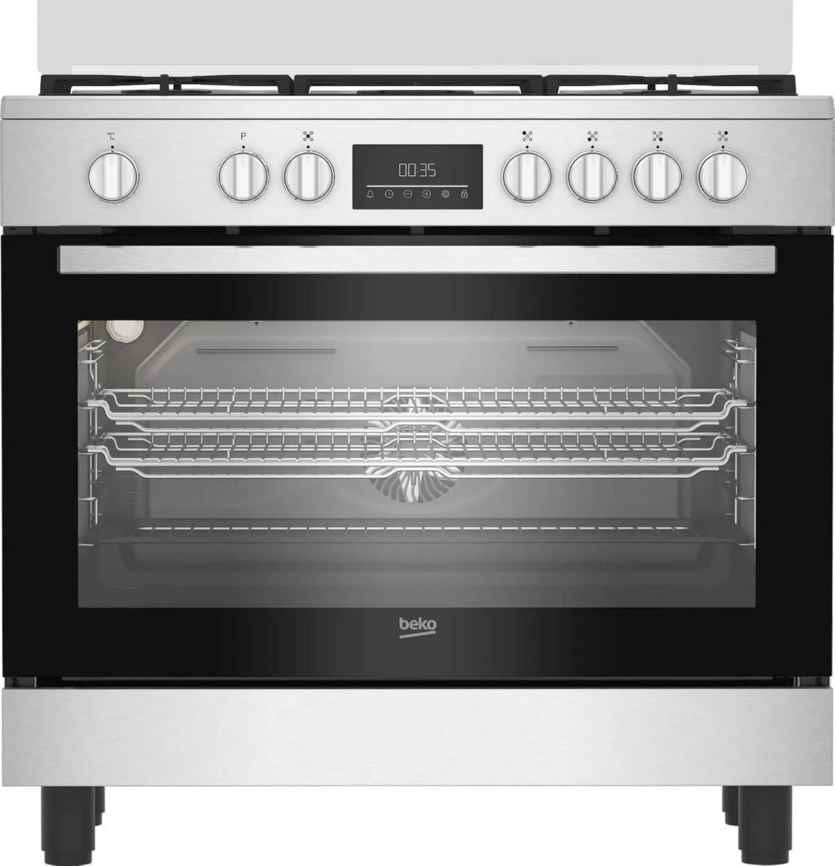 Beko kuchenka z piekarnikiem, BGM11226EX płyta grzewcza, 90 x 60 cm, 111 l, 5 palników, klasa energetyczna, dotyk, grill, żeliwo, stal nierdzewna, czarna, sterowanie