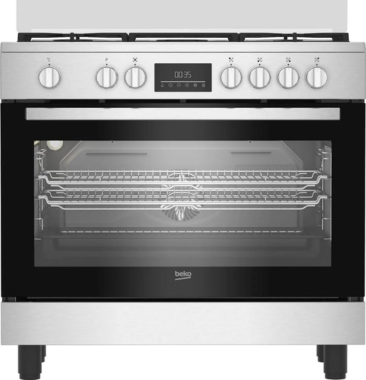 Beko kuchenka z piekarnikiem, BGM11226EX płyta grzewcza, 90 x 60 cm, 111 l, 5 palników, klasa energetyczna, dotyk, grill, żeliwo, stal nierdzewna, czarna, sterowanie