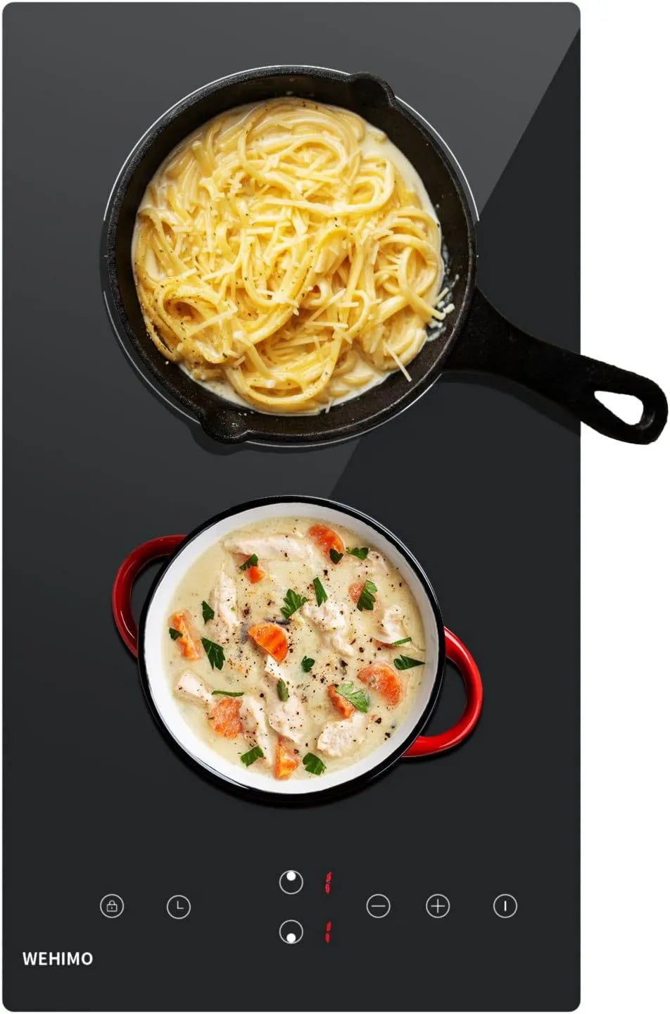 WEHIMO płyta grzewcza, Ceramiczne szkło płyta, 2 pola grzewcze, 3000 W, dotyk, zegar, zamek, 2 strefy temperatury, licznik od 1 do 99 minut, Płyta, Bezpieczeństwo
