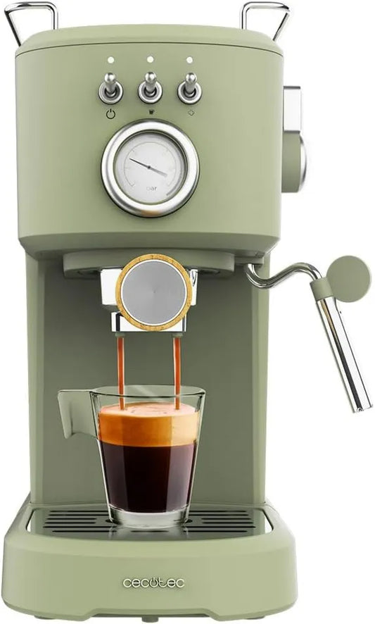 Cecotec, elektryczny ekspres do kawy, 25 l, 1100 W, Zielony, Uchwyt filtra z podwójnym wyjściem i 2 filtry, 20 Barów, Compact ekspres do kawy espresso moc